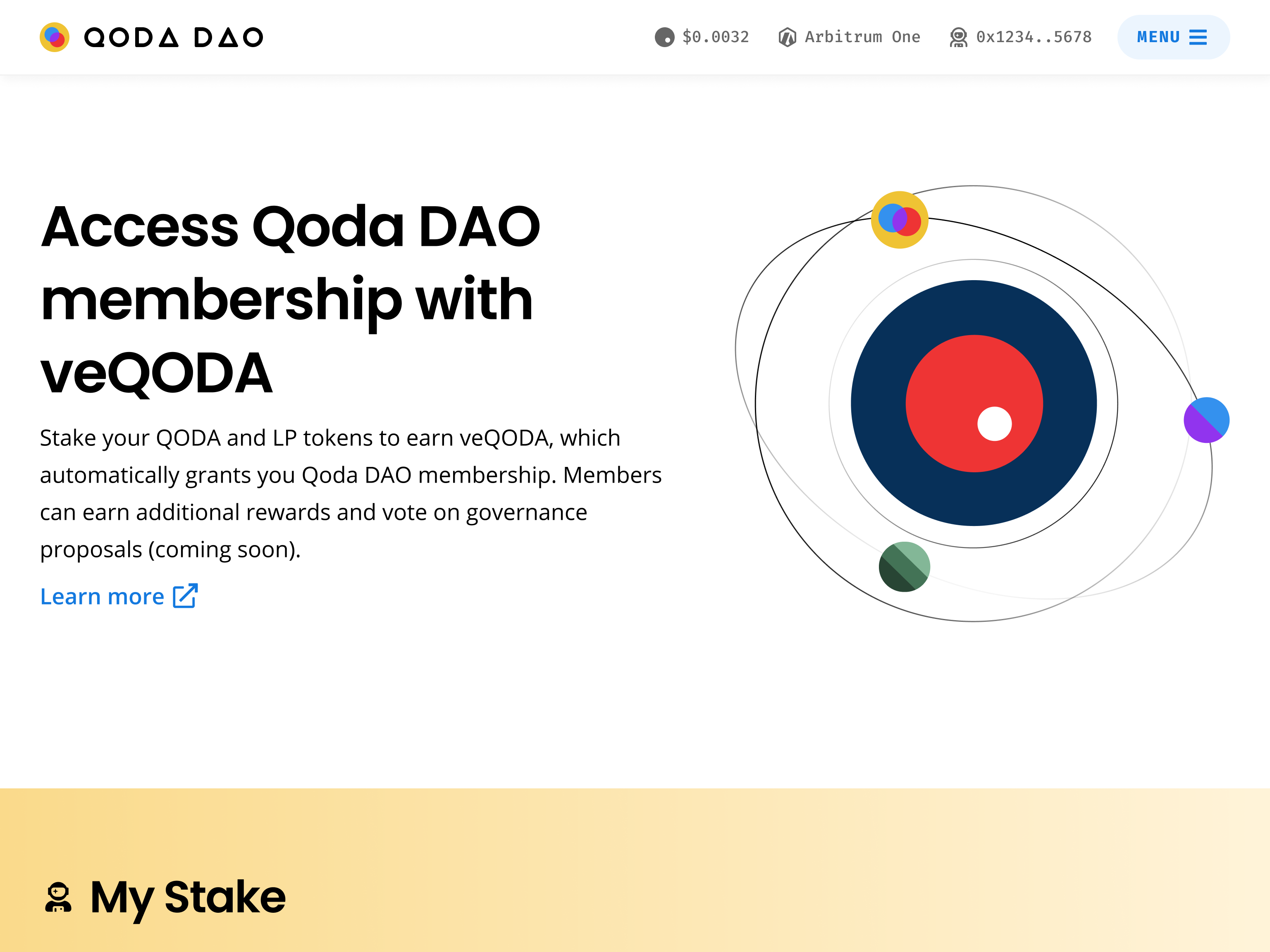 A screenshot of the Qoda DAO app demonstrating its staking functionality.