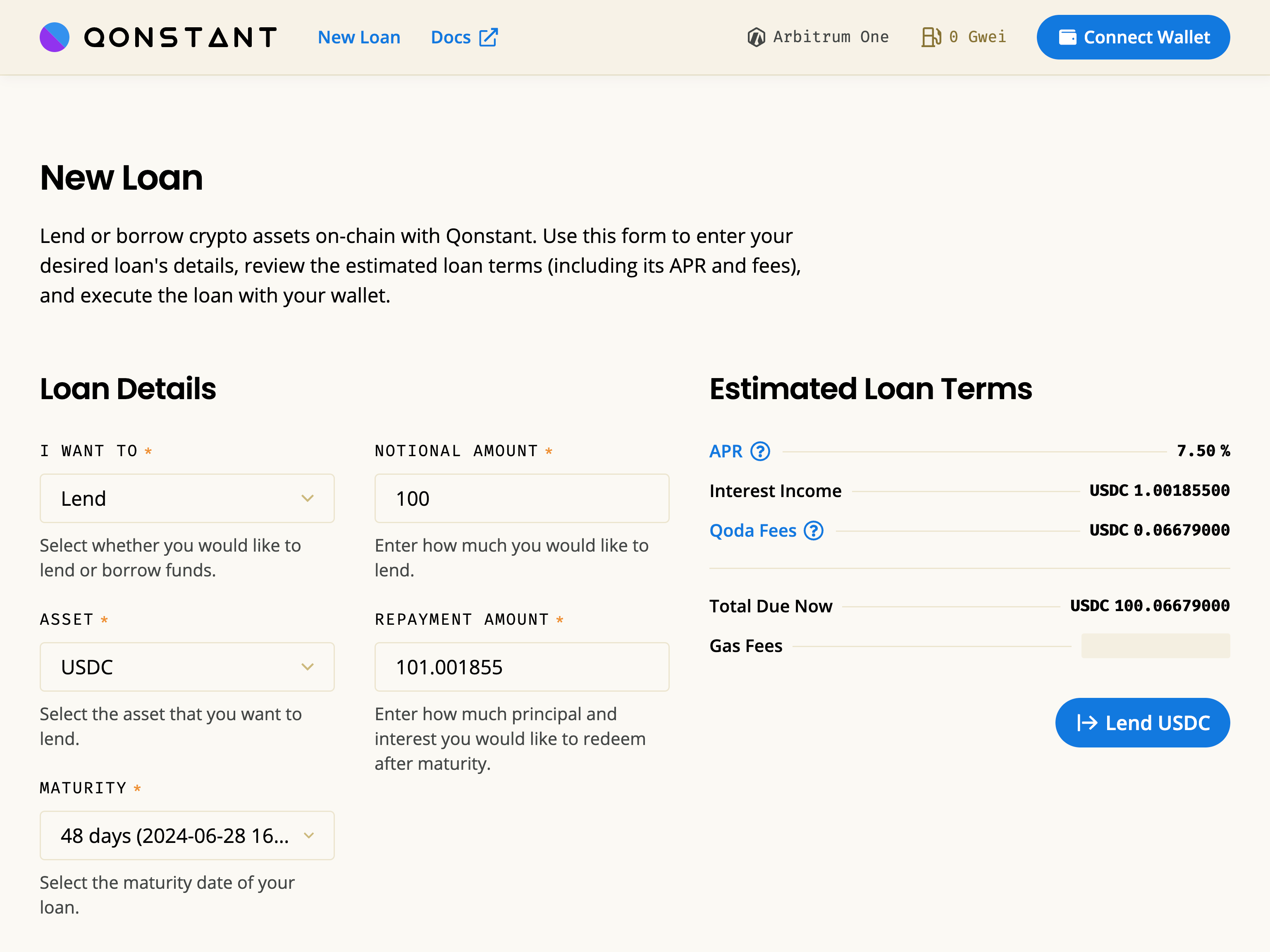 A screenshot of the Qonstant app demonstrating its lending and borrowing functionality.