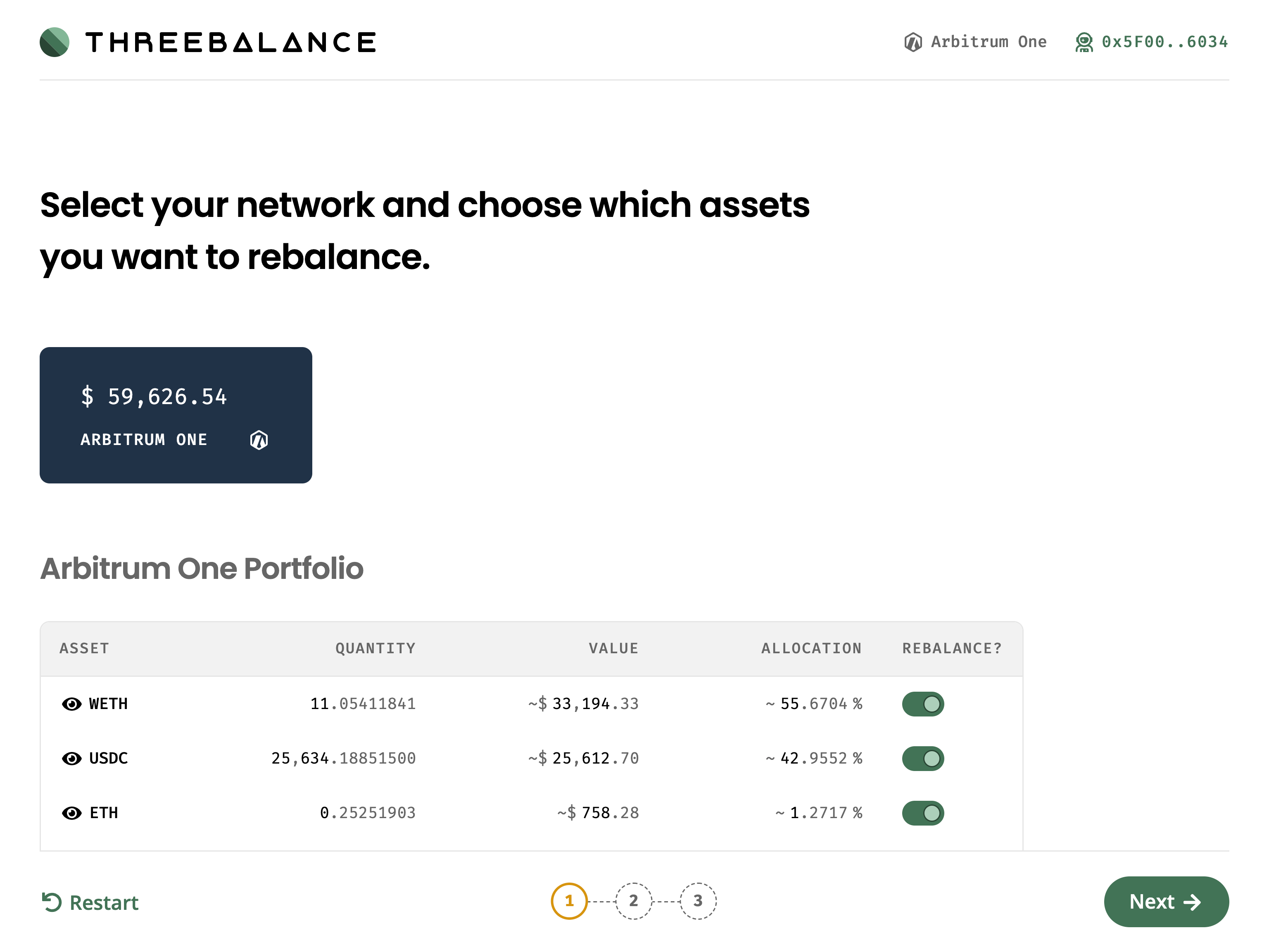 A screenshot of the Threebalance app demonstrating its crypto portfolio-rebalancing functionality.